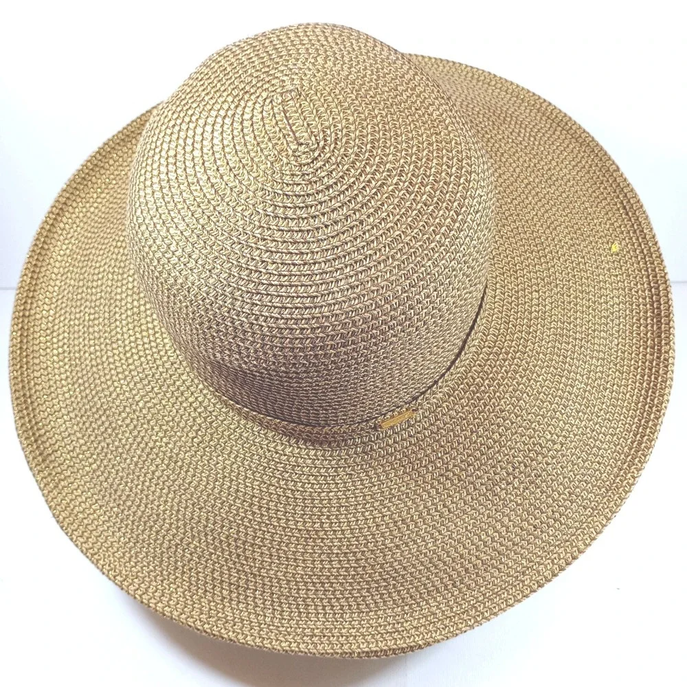 Nine West Wide Brim Sun Hat Bronze Gold Metallic Woven Straw Floppy Summer